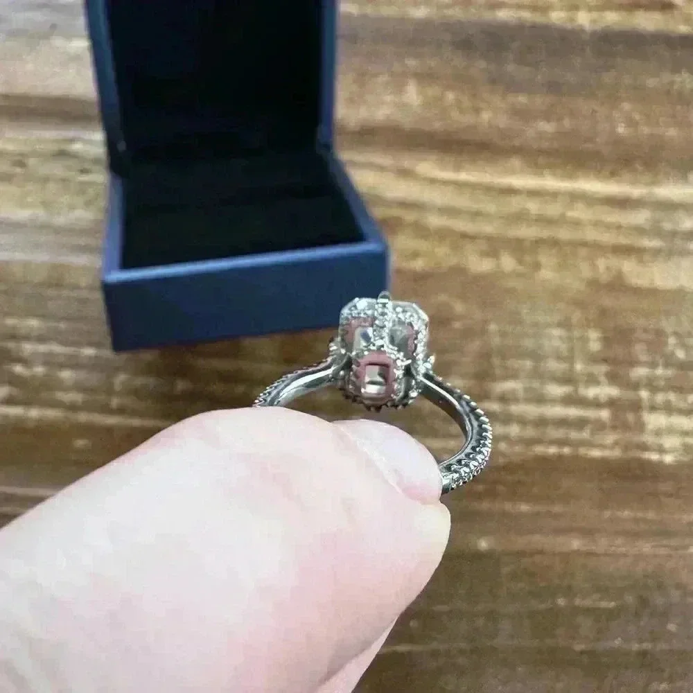 Italo Jewelry Hidden Halo Emerald Cut Engagement and pave band